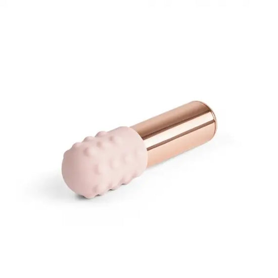 Le Wand Mini Vibrating bullet in rose gold, pictured on a white background with a silicone sleeve