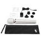 A white Le Wand Rechargeable massager, vibrator is pictured on a white background next to the case and charging cord
