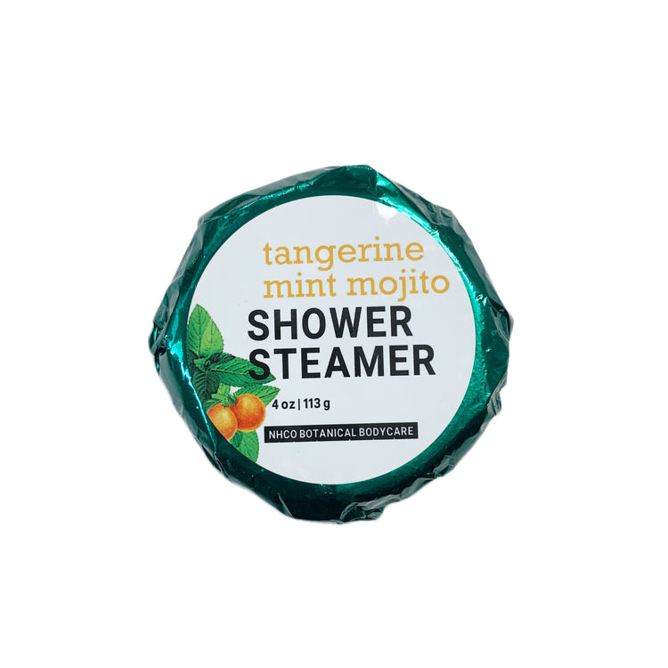 Tangerine mint mojito shower steamer, wrapped in teal foil on a white background